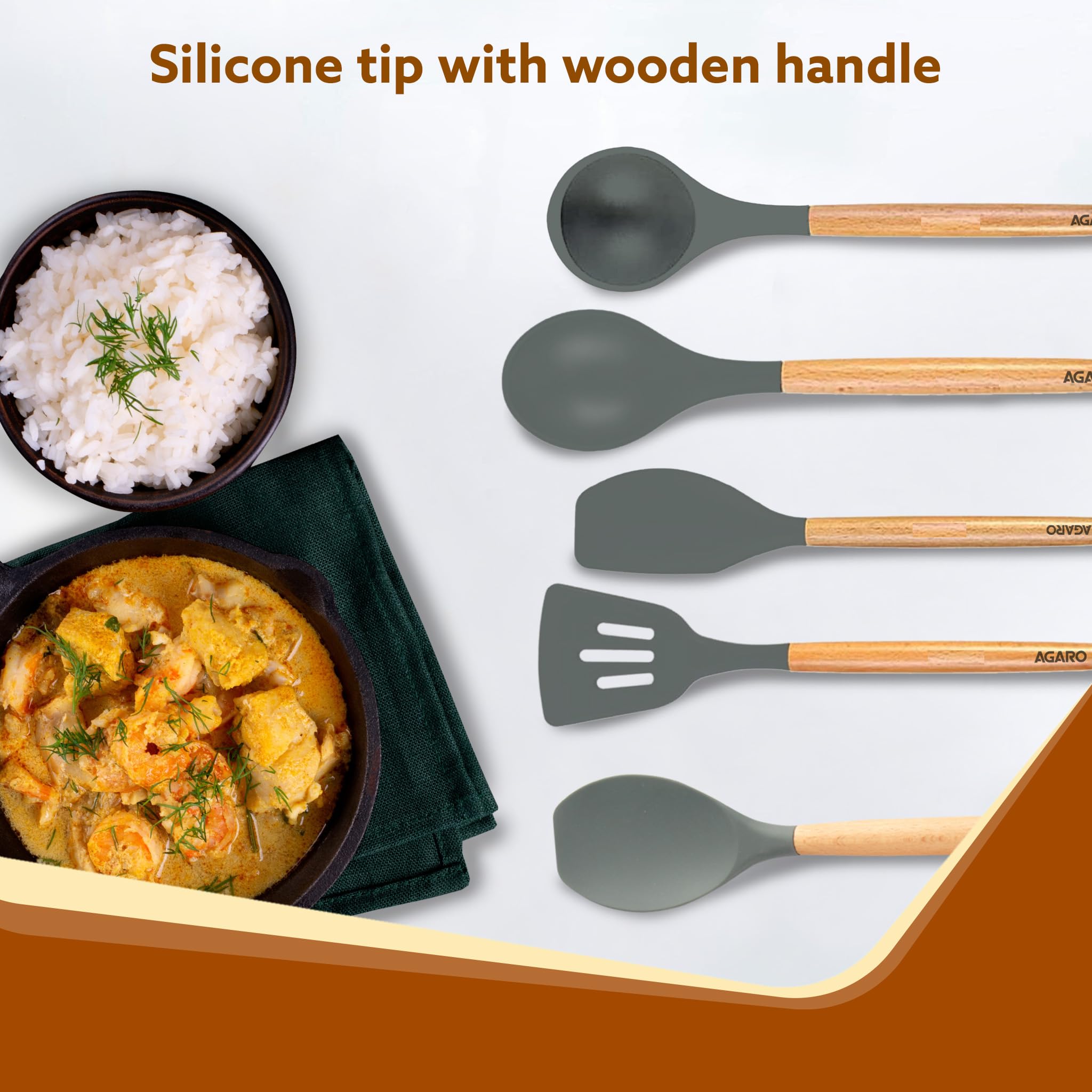 AGARO Royal Silicone Spatula Set of 5, Cooking and Mixing, for Non-Stick Cookware, BPA Free, Seamless Design, Grey